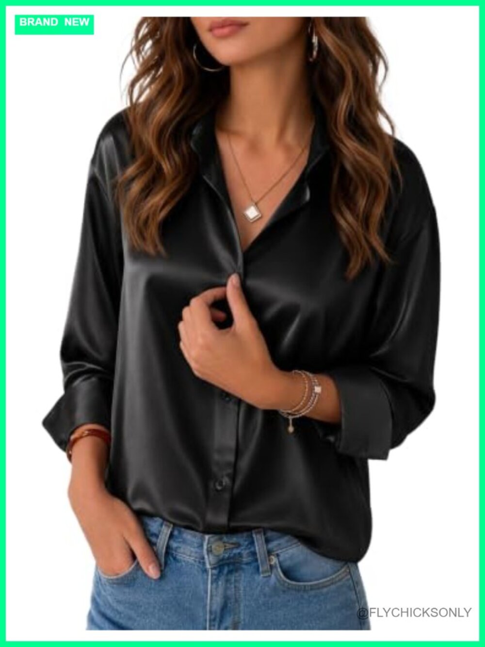 Satin Silk Button Down Blouse Long Sleeve V Neck Relaxed Work Tunic Top